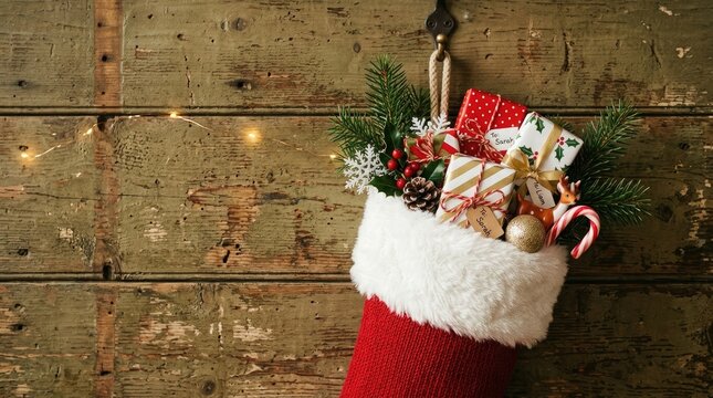 Festive red christmas stocking overflowing with wrapped gifts and evergreen branches