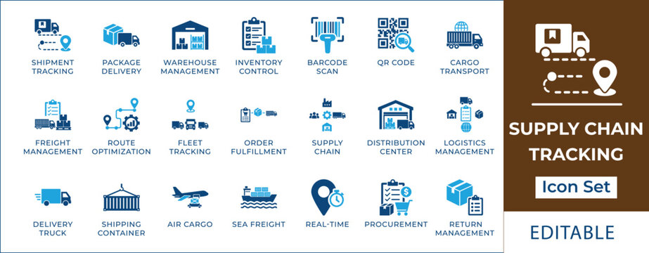 Supply chain tracking icon set featuring logistics management, real-time fleet tracking, warehouse storage, global shipping, barcode scanning, and distribution network symbols.