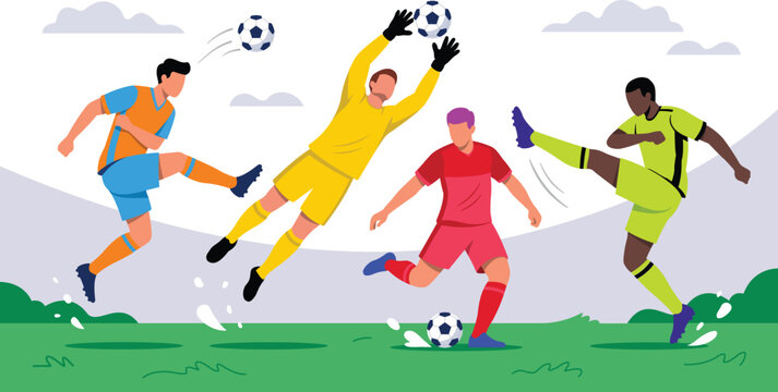 Professional soccer players in action during a match on the field. World football championship.
