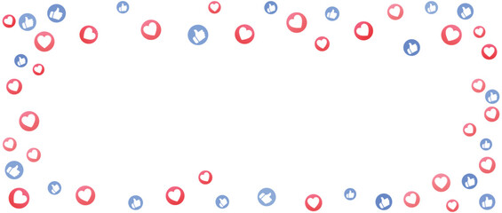 Social media frame with floating red heart love icons and blue thumbs up like buttons scattered around a central empty space representing digital engagement and internet communication © Lepe PNG