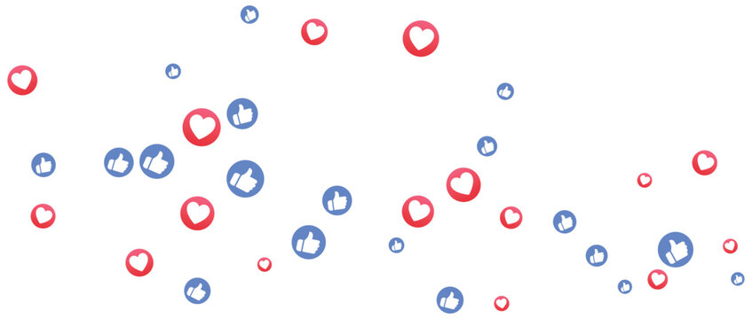 Floating  Reaction Icons with Like and Love Emojis, Social Media Thumbs Up and Heart Symbols on Transparent Background Vector Set