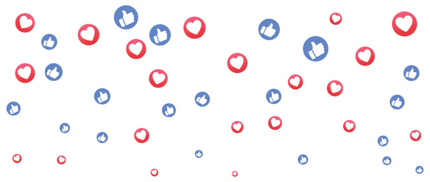 Floating social media icons with red heart shapes and blue thumbs up signs representing likes and reactions for digital marketing communication and online engagement concepts