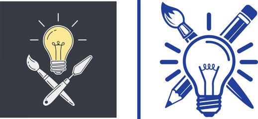 Naklejka premium Creative art icons featuring lightbulbs, paintbrushes, pencils, and palette knives. Representing artistic inspiration, design innovation, and creative process