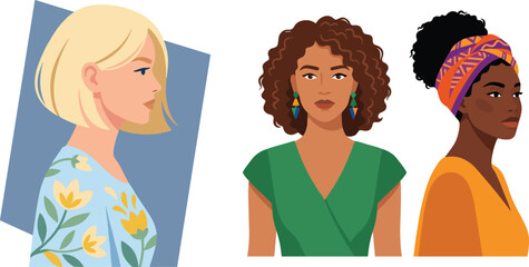Obraz premium Diversity concept vector illustration set of three diverse women in flat design style for web and print