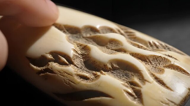 Closeup of an ancient carved ivory artifact with intricate details and visible wear.