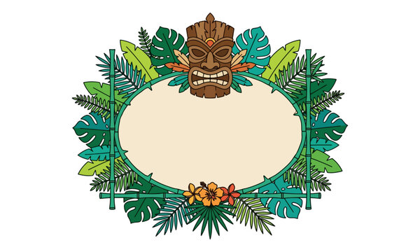 Tiki Mask Totem with Tropical Foliage and Bamboo Frame