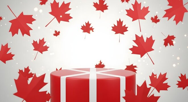 Red maple leaves falling around a gift box style product podium isolated on white background
