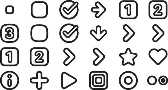Minimalist Thick Line UI Icon Pack &ndash; Flat Vector Navigation Arrows, Numbers, and Task Buttons