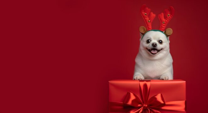 White chihuahua dog wearing reindeer antler headband sitting on red gift box. Funny pet portrait for Christmas holiday celebration. Festive animal concept with greeting card design.