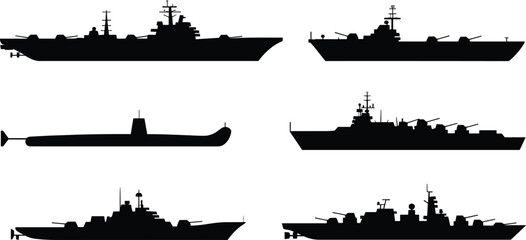 Modern Warship and Navy Vessel Silhouette Set with Aircraft Carrier Submarine and Destroyers for Military Defense Maritime Security and Naval History Graphic Design Projects © Sanjida