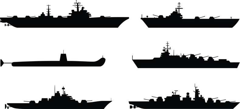 Modern Warship and Navy Vessel Silhouette Set with Aircraft Carrier Submarine and Destroyers for Military Defense Maritime Security and Naval History Graphic Design Projects