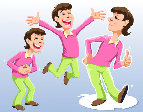 Happy Man Character Emotions and Poses Set with Jumping Laughing and Success Signs