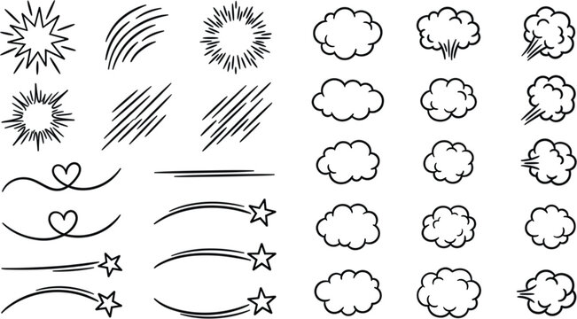Collection of Hand-Drawn Comic Action Elements featuring Speed Lines, Explosion Bursts, Clouds, and Shooting Stars for Dynamic Graphic Design