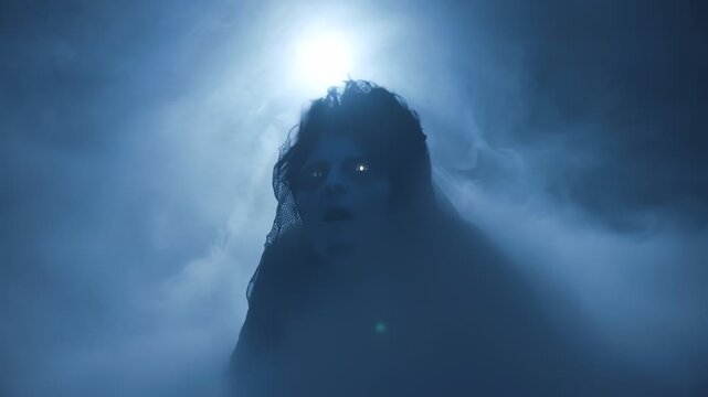 Mysterious Figure Emerging from Fog under Bright Moonlight