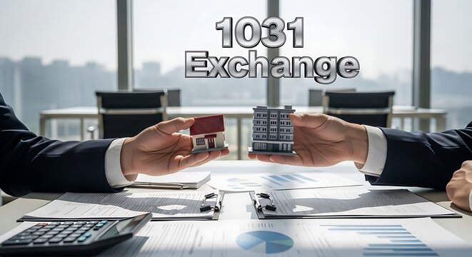 Business people exchanging property models for a 1031 exchange investment deal in an office. 1031 Exchange