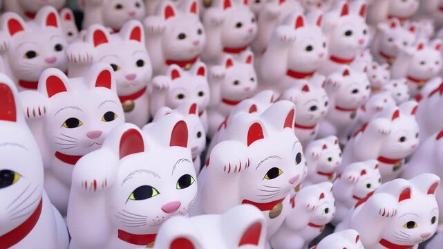 Dense collection of Maneki-neko figurines at Tokyo lucky cat temple.