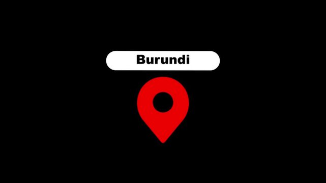 Burundi map location pin animation with country name label on black background, for travel and, geography projects
