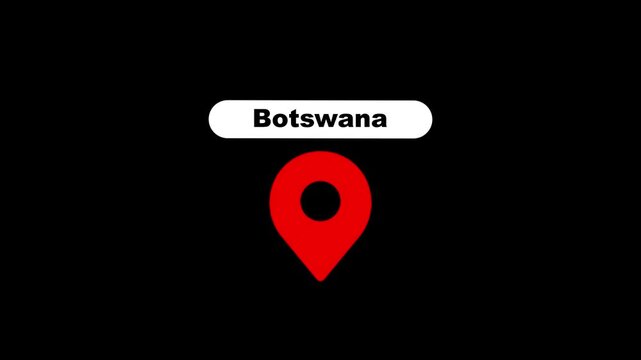 Botswana location pin animation on black background, travel and navigation