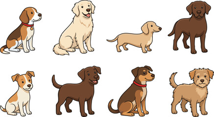 Fototapeta premium Cute cartoon dog breeds vector collection featuring playful domestic puppies and pet animals isolated for children and veterinary designs