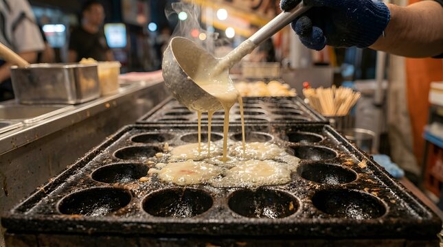 Hand pouring takoyaki batter into a sizzling hot cast iron grill pan, preparing traditional Japanese street food at a vibrant market stall.