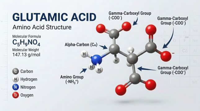 Glutamic acid chemical molecule structure diagram with labels illustration