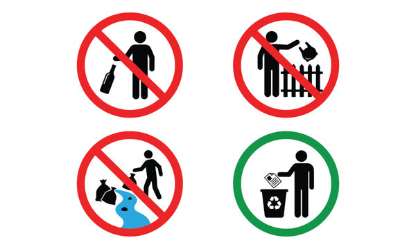 Littering prohibition and waste disposal sign icons set