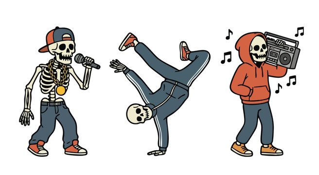 Hip hop skeletons breakdancing and performing with boombox