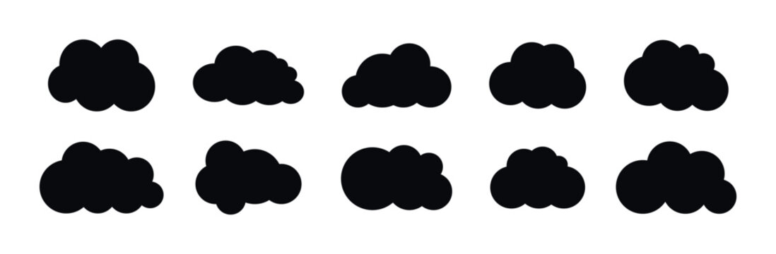 Collection of black cloud silhouettes on a white background