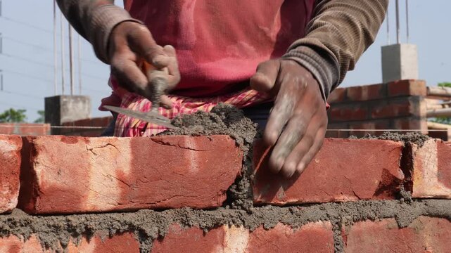 Bricklayer Using Trowel to Spread Mortar on Red Bricks