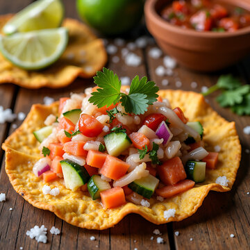 colima style ceviche tostadas with fresh salsa lime on plate