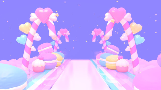 3D render of whimsical candy archway with hearts and macarons.