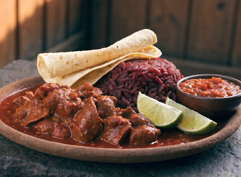 stewed colima pepena with red rice tortilla lime salsa platter