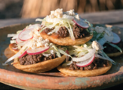 traditional colima sopitos with beef cabbage radish queso fresco