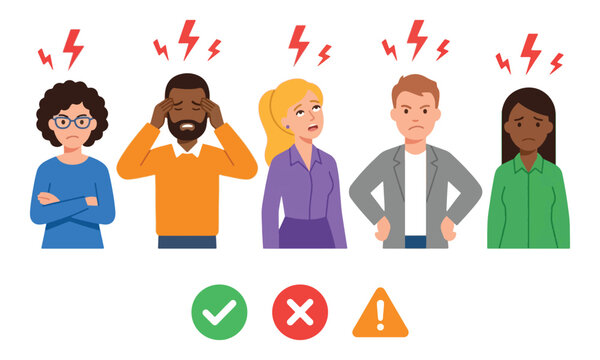 Stressed Office Workers with Anger Symbols and Feedback Icons