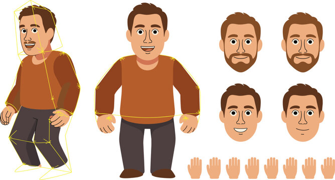 Man Character Construction Kit for Animation with Different Facial Expressions and Hand Gestures Featuring Bearded Male Avatar for Video Games and Digital Media Designs