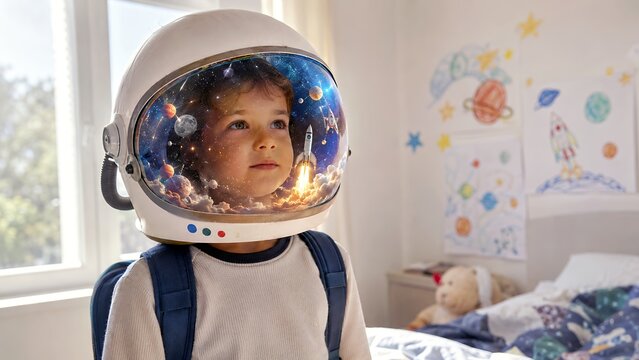 Child astronaut by bedroom window with rocket launch reflection, symbol of curiosity and dreams