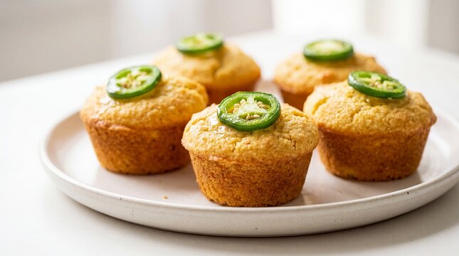 A plate of freshly baked jalapeno cornbread muffins on a white plate
