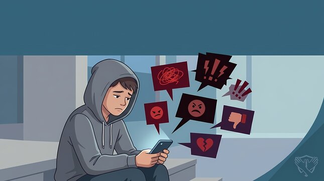 Sad teenager experiencing cyberbullying on social media.