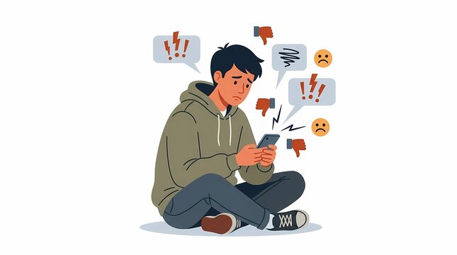 Sad teenager suffering from cyberbullying and negative online social media interactions.
