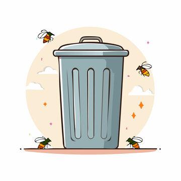 Cartoon Bees Swarming Around a Trash Can