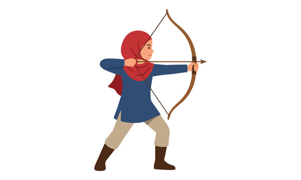 Muslim Woman Practicing Archery with Bow and Arrow