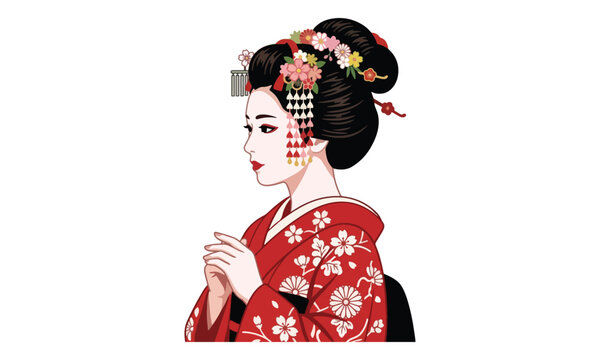 Japanese Geisha in red floral kimono with traditional hairstyle
