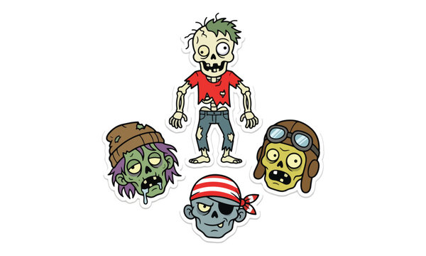 Cartoon Zombie Sticker Set with Undead Skeleton and Pirate Heads