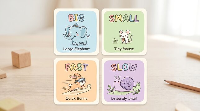 Four colorful children's educational flashcards with cartoon animals and descriptive words on a wooden desk with a pencil and blocks