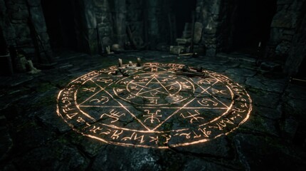Fototapeta premium Wide ritual chamber with glowing magic circle and candles. Halloween witchcraft scene concept.