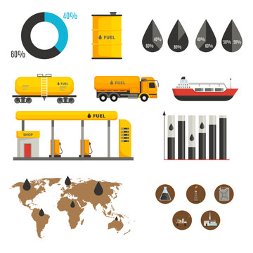 Modern oil production infographic icon set for website banners and social media. Industrial energy fuel barrel, petroleum drill rig refinery, gas pump pipeline, and power resource vector design.