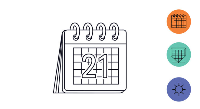 Line art illustration of a flip desk calendar showing the number twenty-one with supplementary scheduling icons.