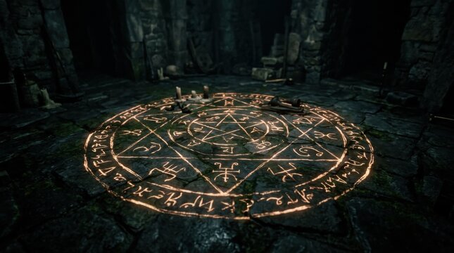 Wide ritual chamber with glowing magic circle and candles. Halloween witchcraft scene concept.