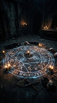 Glowing magic circle with candles and ritual items on stone floor. Halloween occult altar concept.