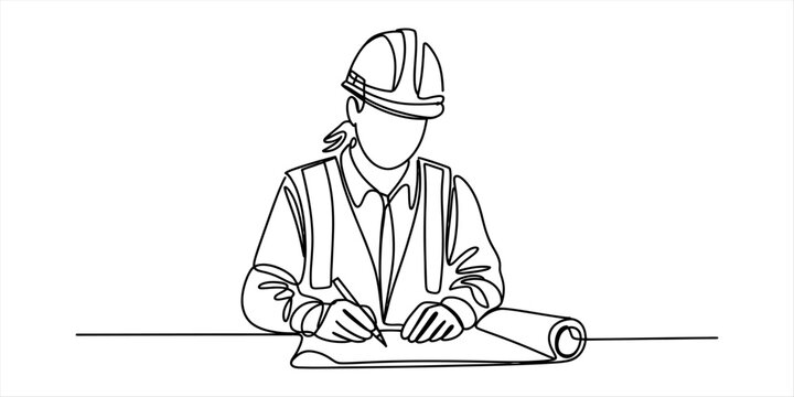 Continuous single line drawing of a construction engineer wearing a hard hat and vest writing on a blueprint plan Vector, illustration